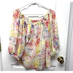 Cabi Sheer White Floral Blouse, Drawstring Tie Neckline, Women's Size M